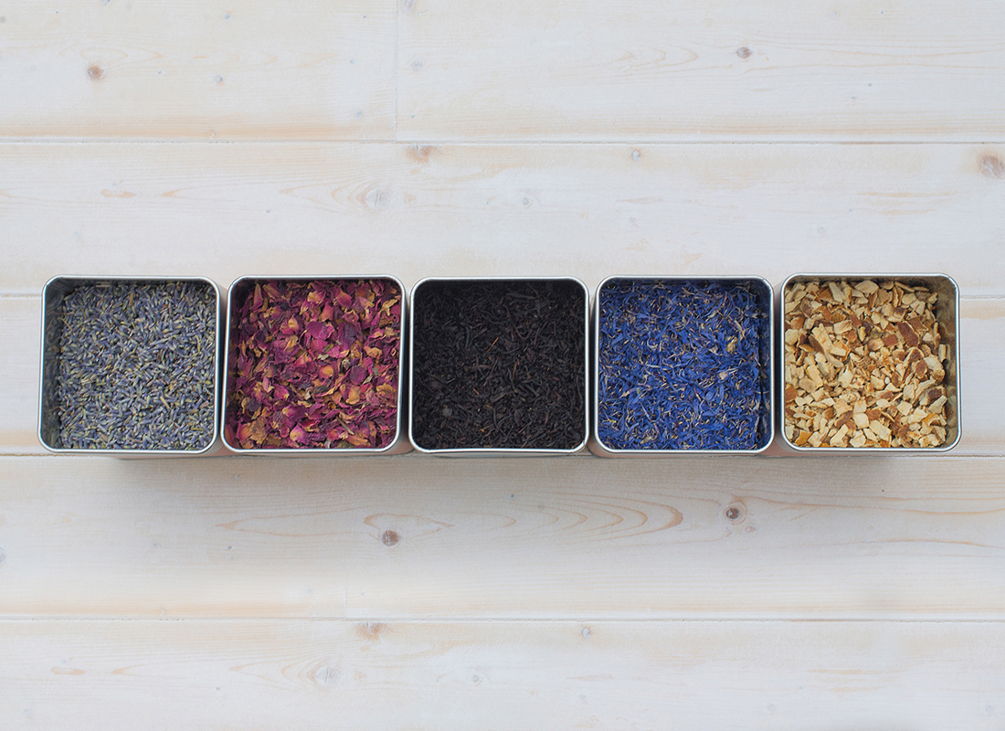 Tea enhancers and botanicals for blending tea and gin